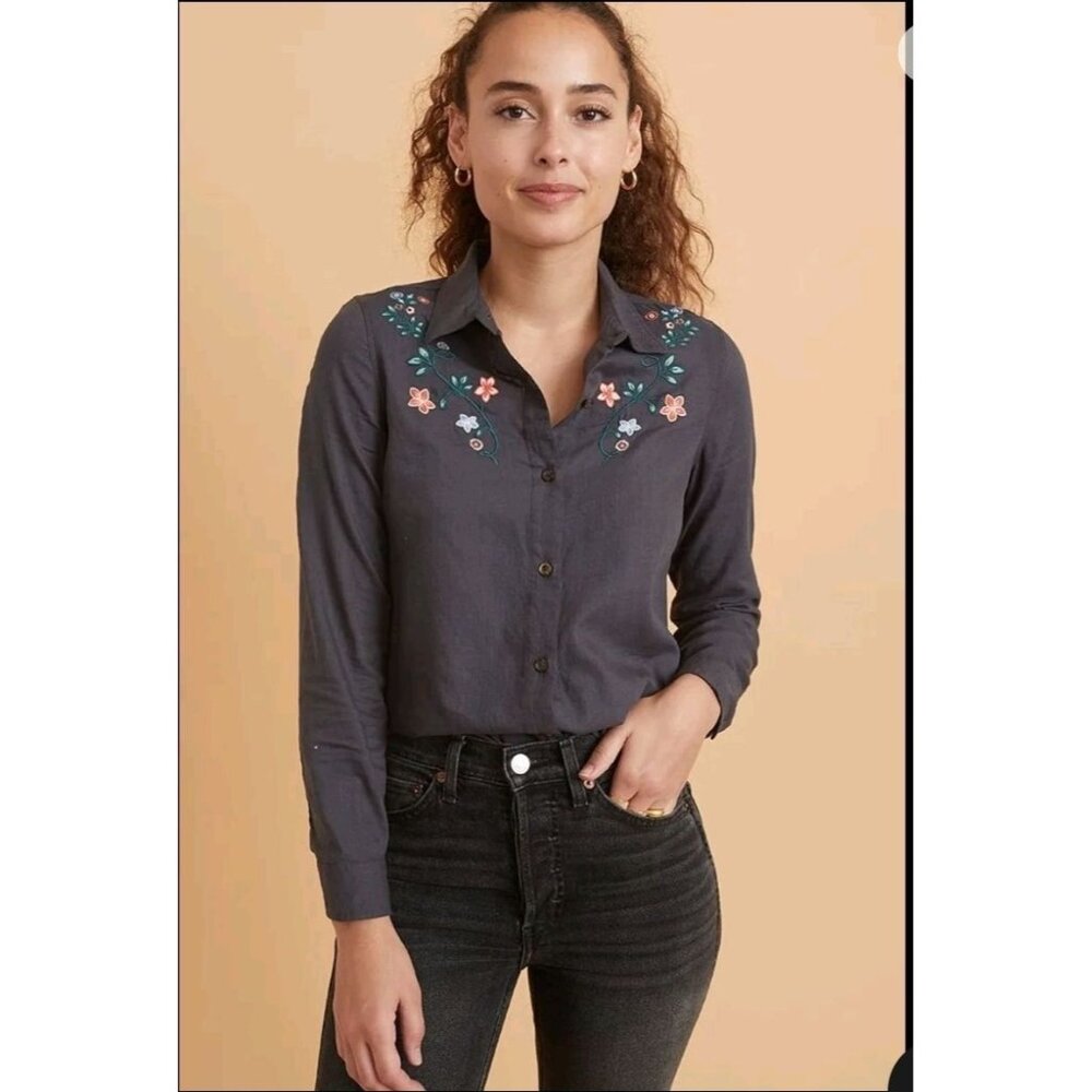 Marine Layer Aria LS Relaxed Embroidered Shirt faded black sz medium button down - Picture 2 of 16